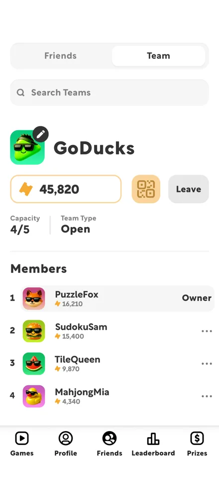 Team screen in WePay