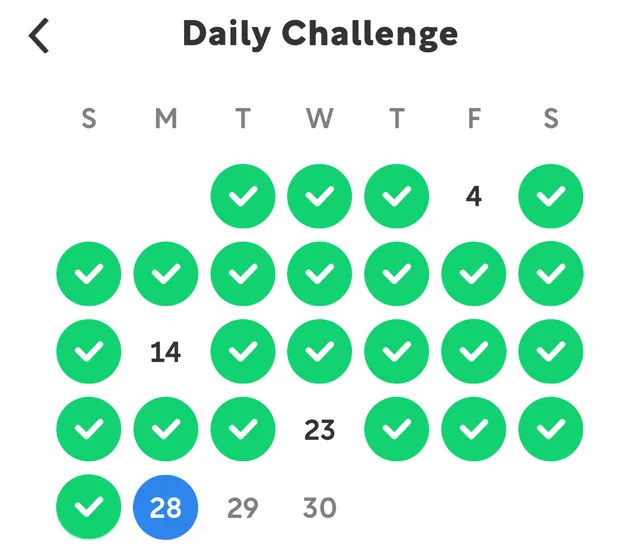 The Daily Challenge calendar in the app