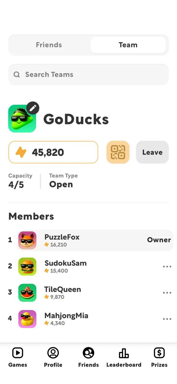 A team of four players in the app